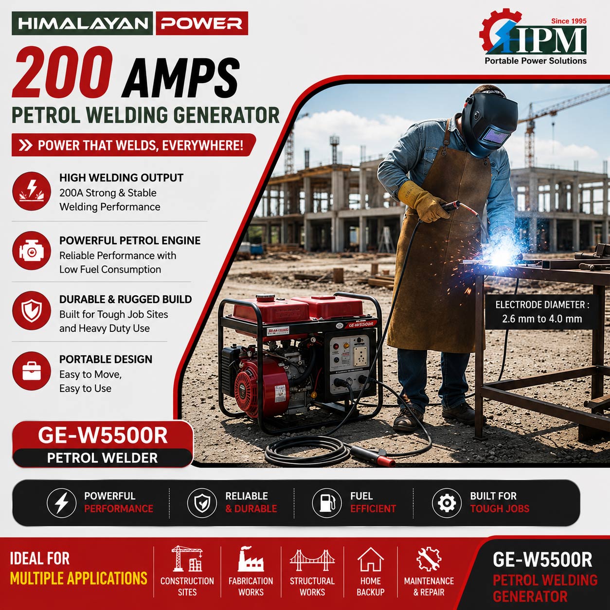 200 Amps Petrol Welding Generator, - 4.5 KW, Recoil Start  Model GE-W5500R  