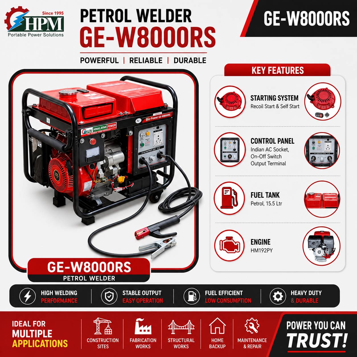 250 Amps portable smart Welding Generator -5 KW, with  Recoil & Self Start. Model GE-W8000RS, 