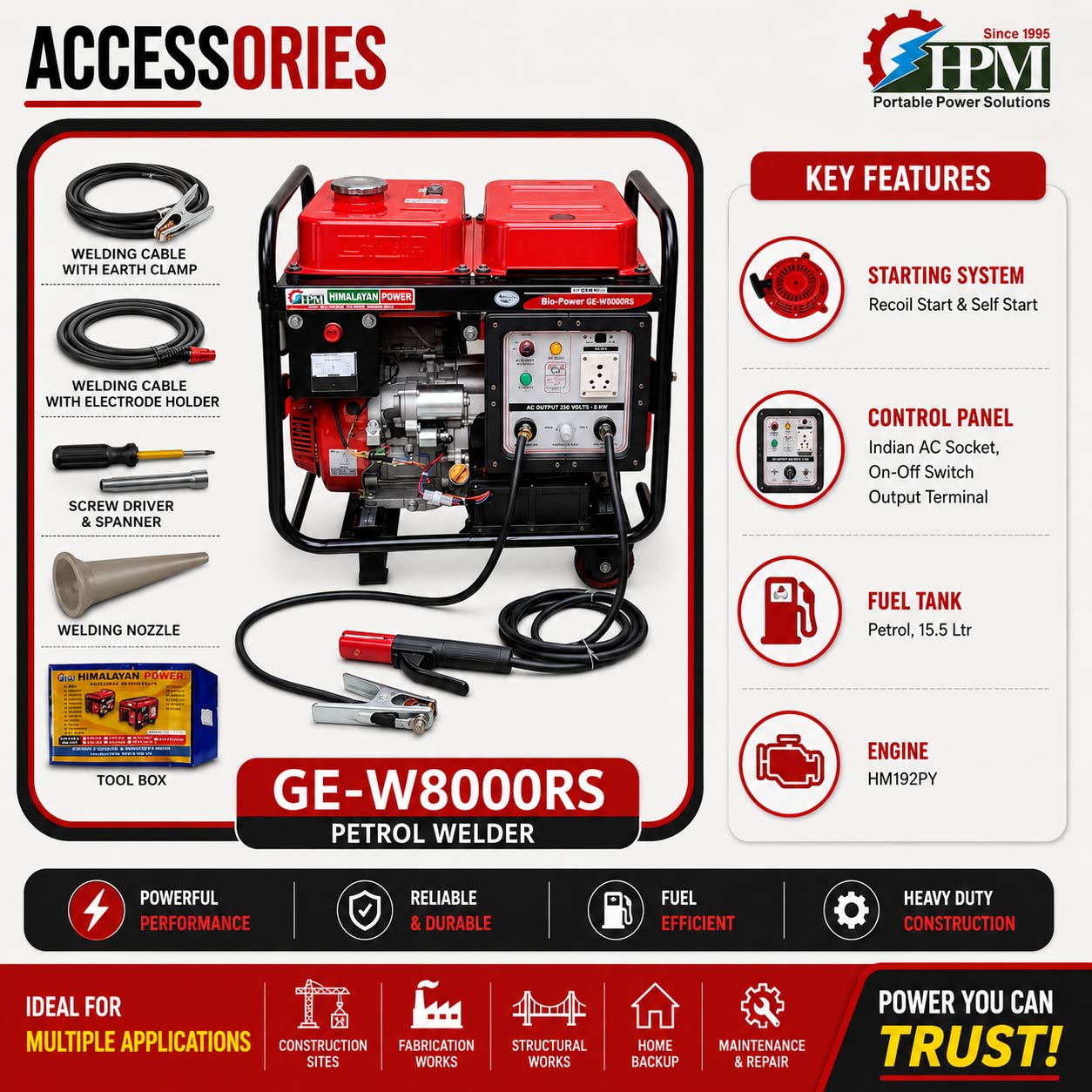250 Amps portable smart Welding Generator -5 KW, with  Recoil & Self Start. Model GE-W8000RS, 