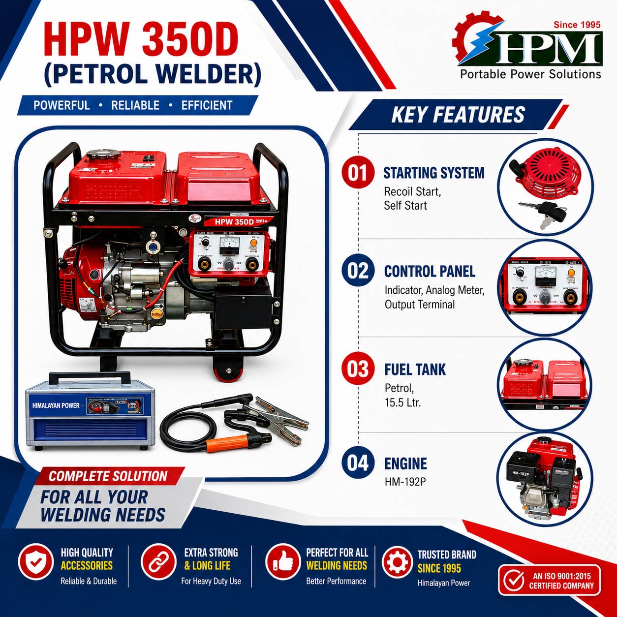 300 Amps Welding Generator - 9.KW, with Recoil & Self Start Petrol Run, Model HPW-350D  