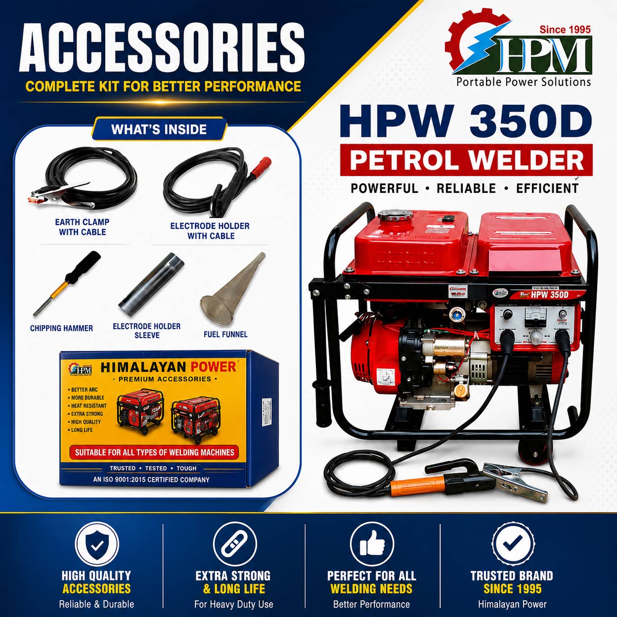 300 Amps Welding Generator - 9.KW, with Recoil & Self Start Petrol Run, Model HPW-350D  