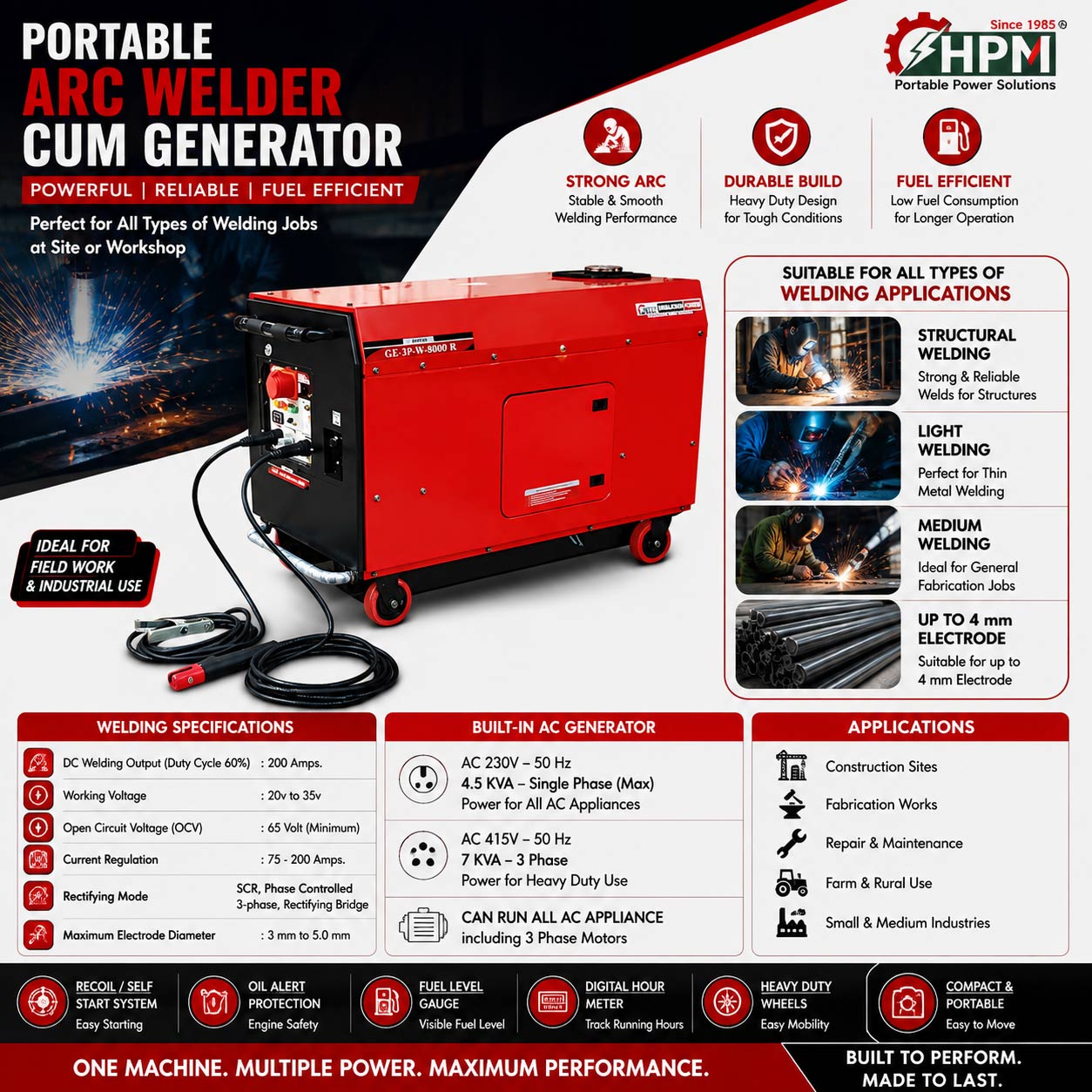 200 Amps Silent Petrol Welding Generator - 3 Phase  - 6 KW, Recoil & Self Start , Model  GE-3P-W8000RS