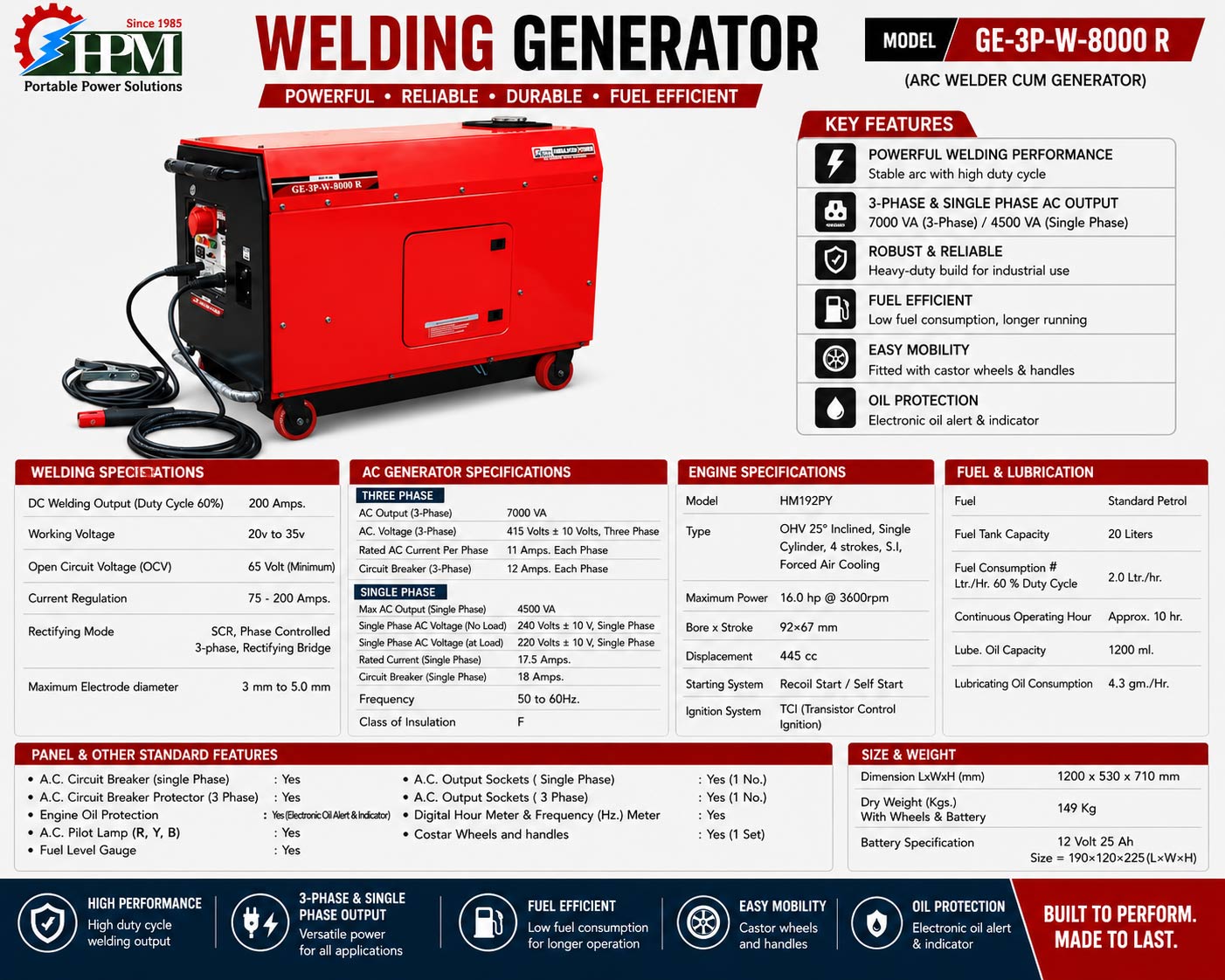 200 Amps Silent Petrol Welding Generator - 3 Phase  - 6 KW, Recoil & Self Start , Model  GE-3P-W8000RS