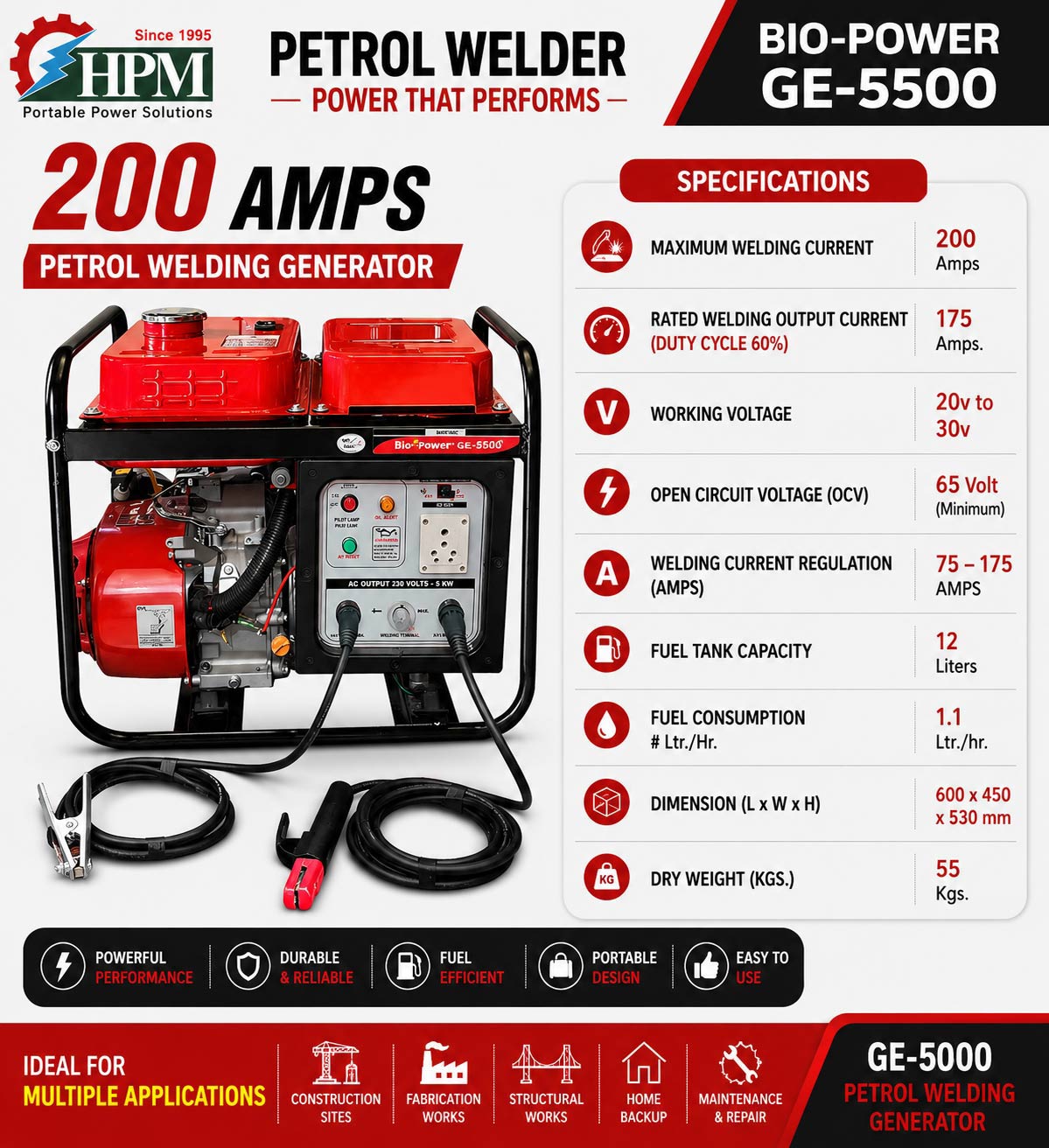  200 Amps Petrol Welding Generator, high Quality Arc Welding Machine with Recoil Start Model GE-W5000R
