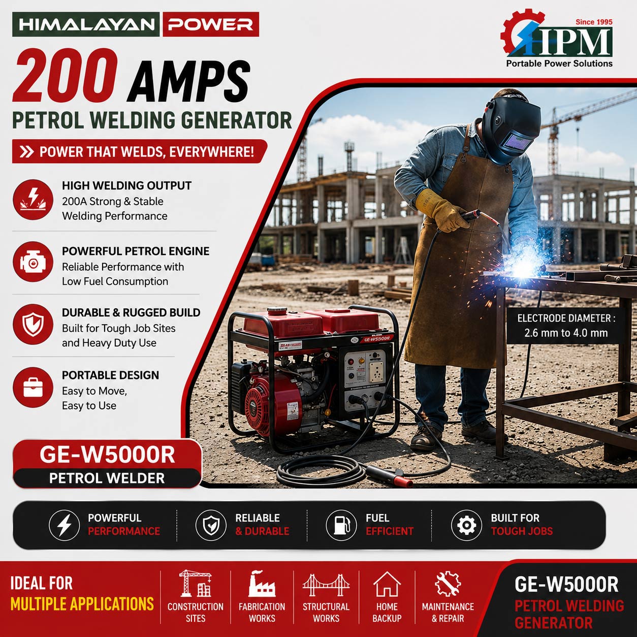  200 Amps Petrol Welding Generator, high Quality Arc Welding Machine with Recoil Start Model GE-W5000R