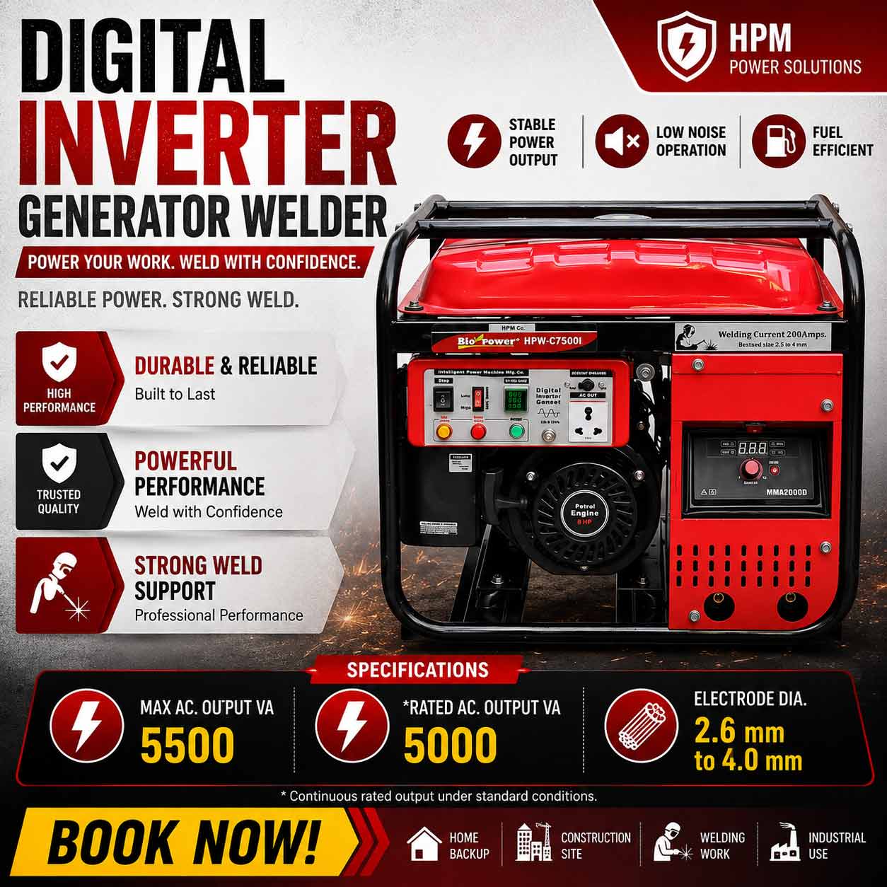 200 Amps, 5.5 KVA AC Welding Generator, HPW C7500i