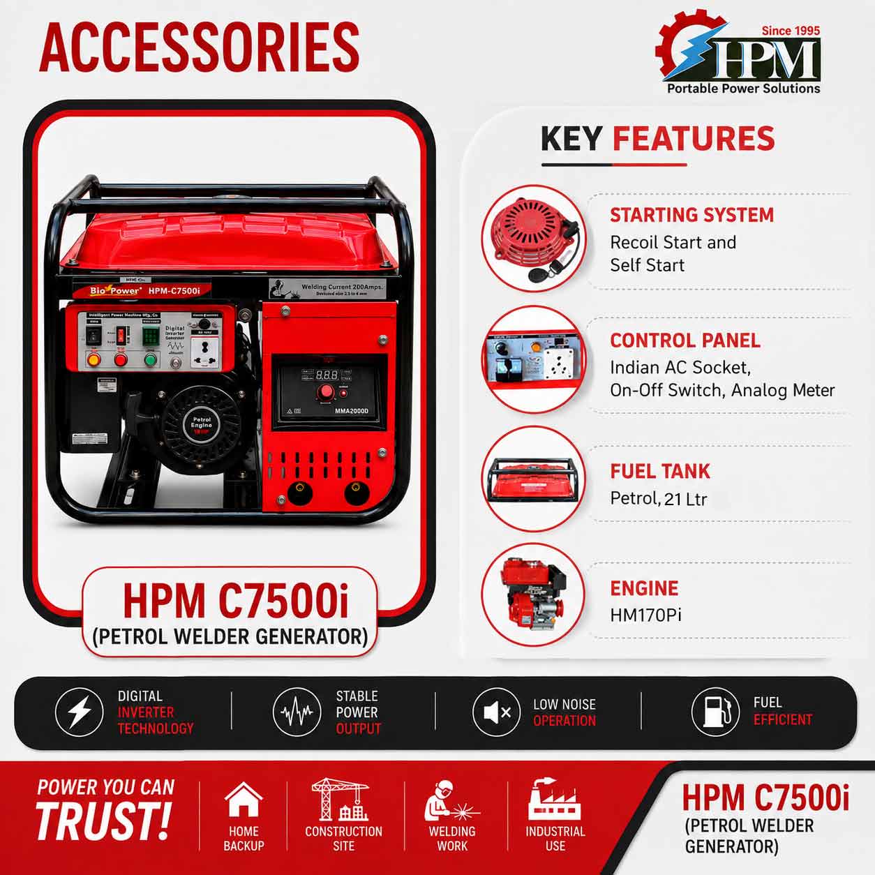 200 Amps, 5.5 KVA AC Welding Generator, HPW C7500i